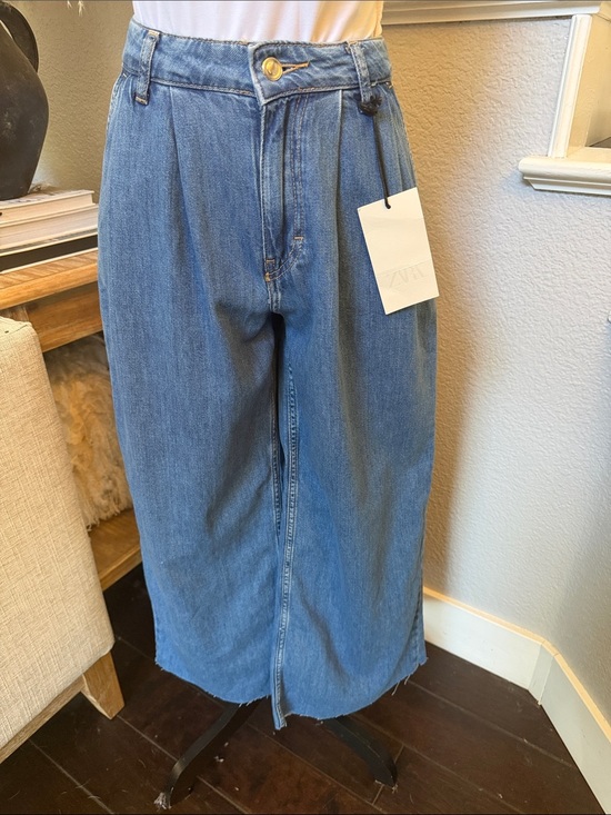 Zara Denim - Zara Blue High Waist Frayed Hem Wide Leg Jeans Size 0 Raw Edge Denim